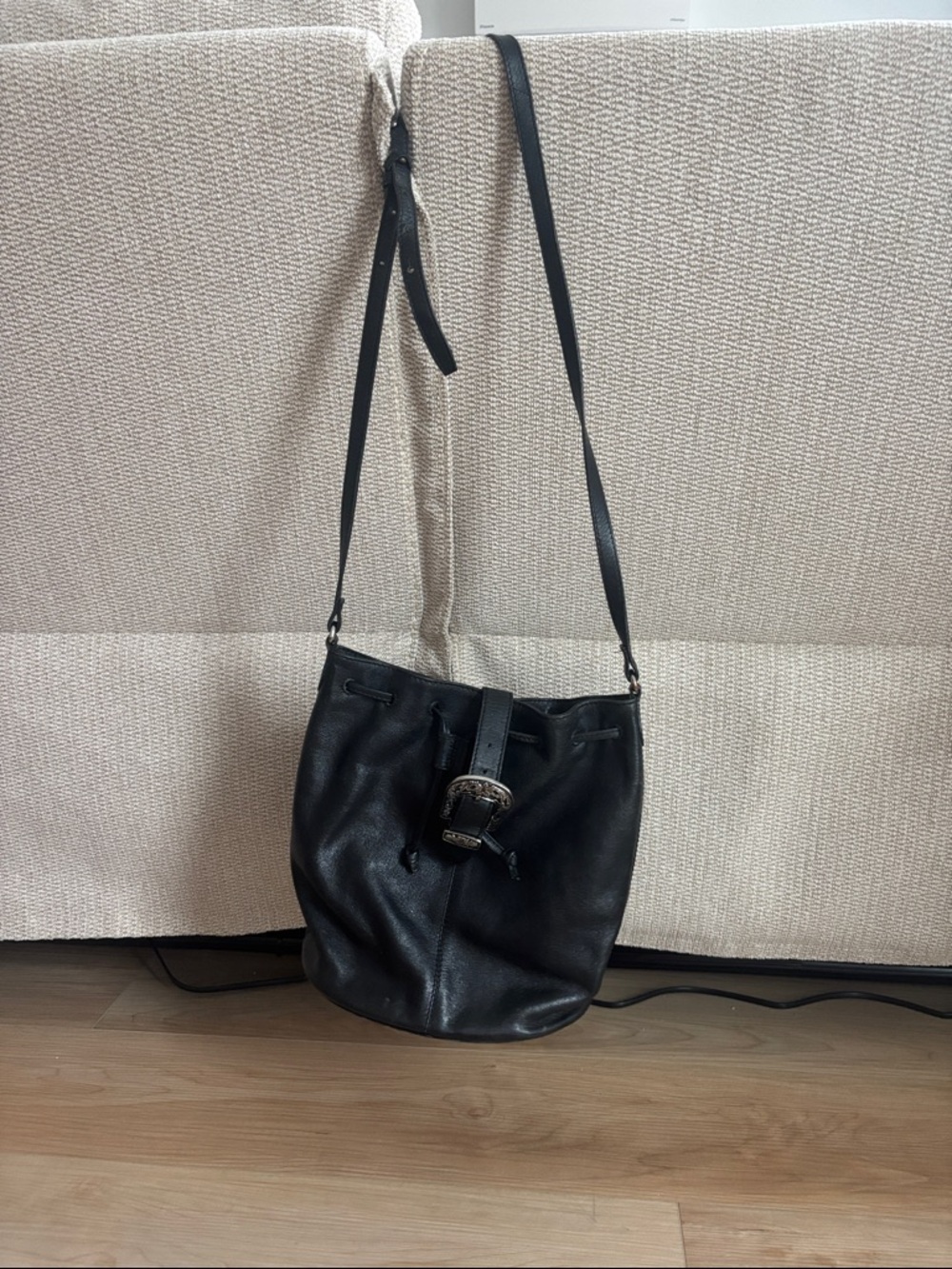 Topshop Black Leather Bucket Crossbody with Buckle Detail